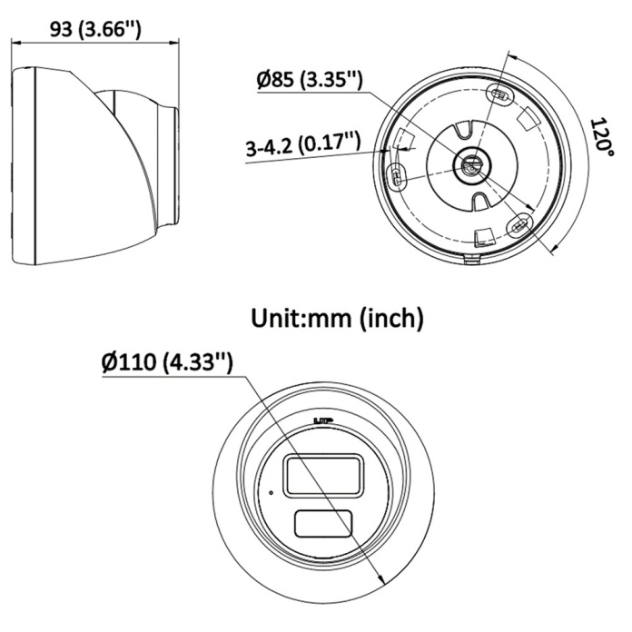 Rysunek techniczny kamery Hikvision kopułkowej 6Mpx